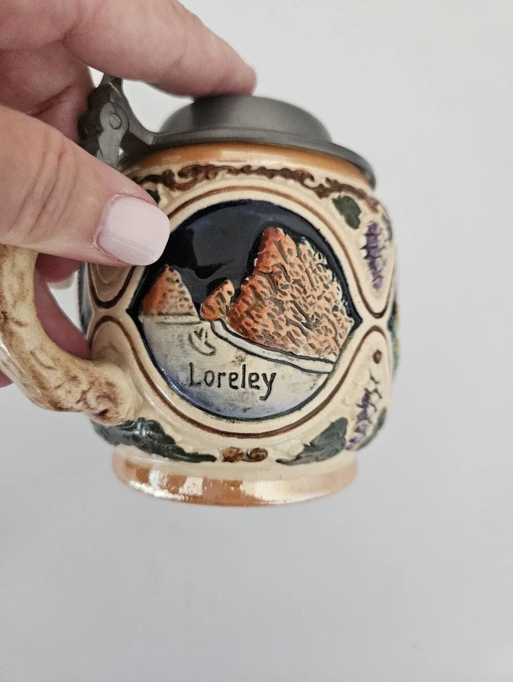VTG Set of Two German Rhein River Stoneware Pewter Lid Steins | SZ 4